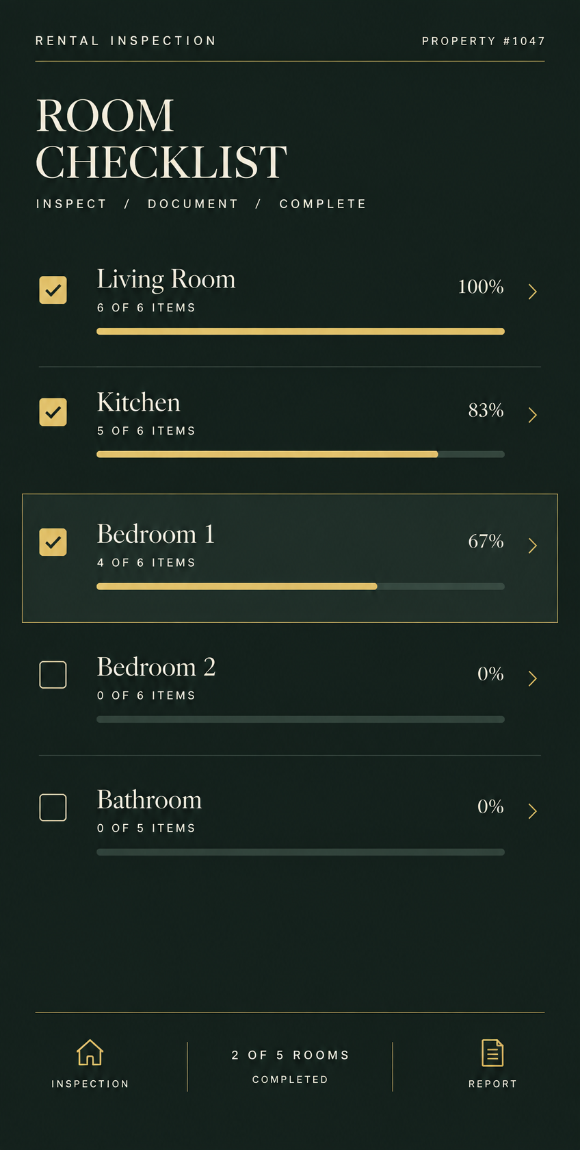 Room checklist with per-room progress