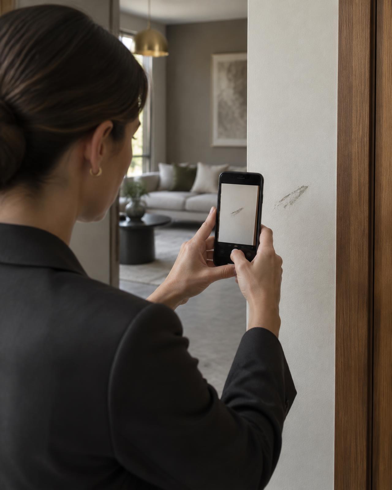 Inspector recording a wall mark with a phone