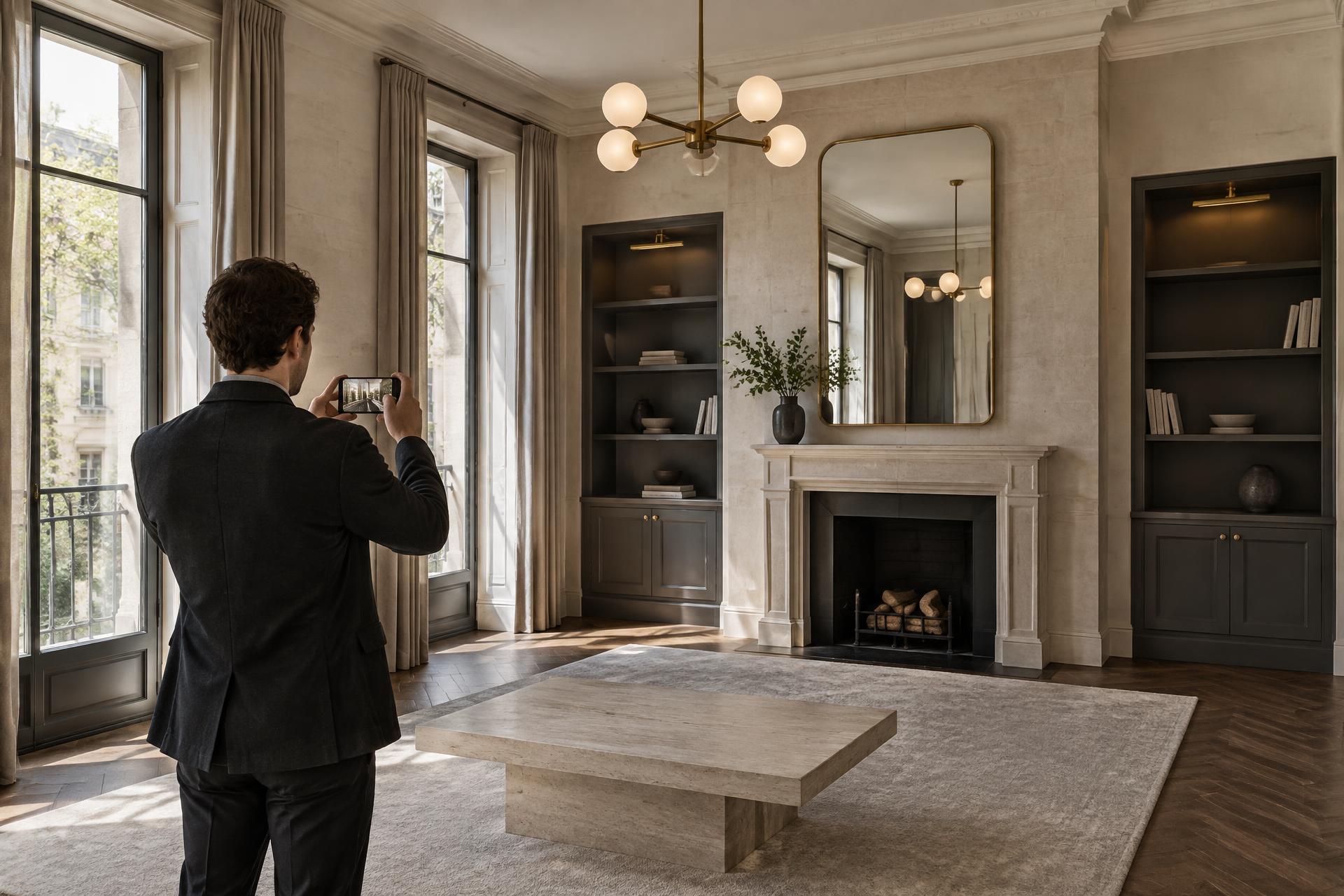 Property inspector documenting a finished living room